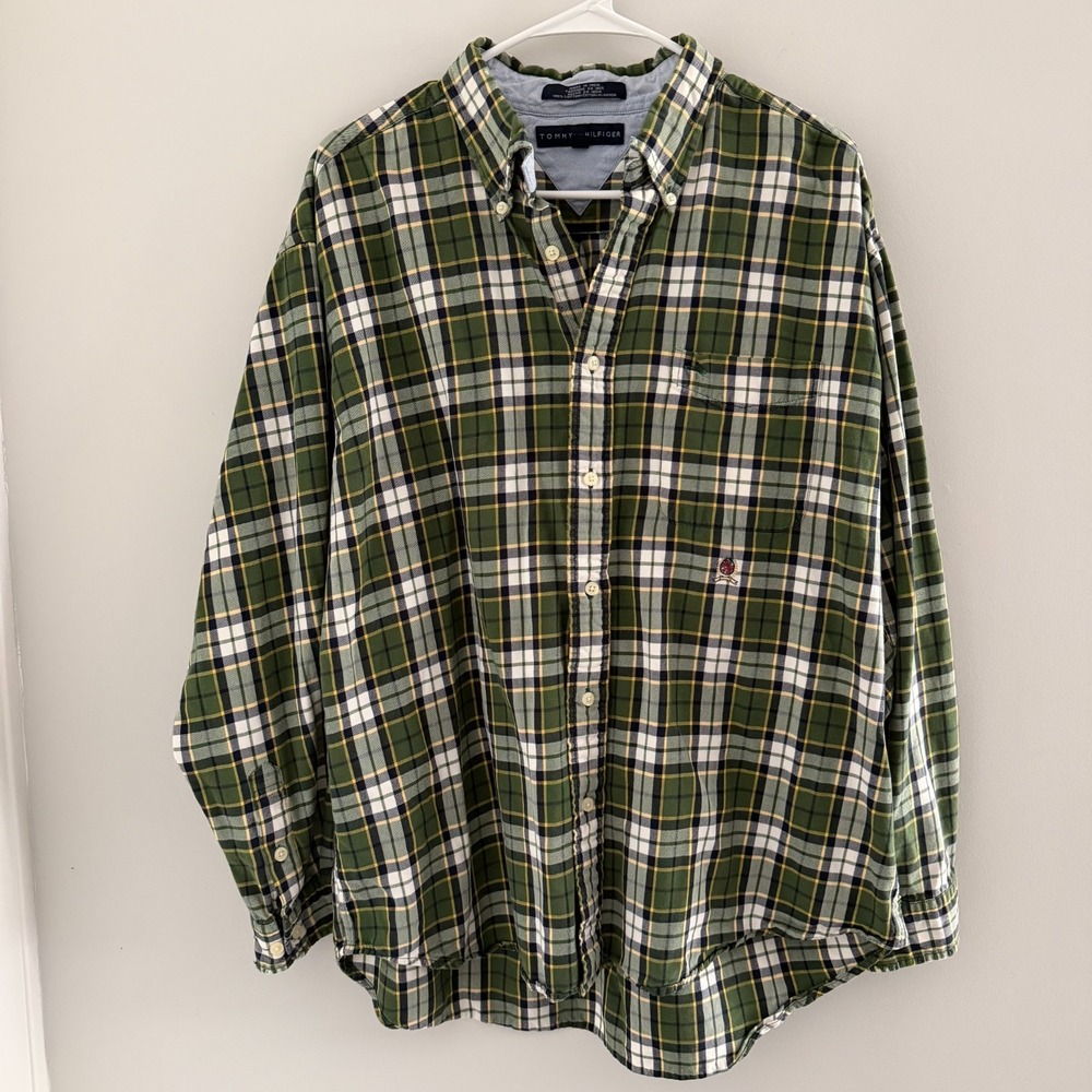 Tommy Hilfiger Men 100% Cotton Plaid Button Shirt Green Blue White Preppy Casual